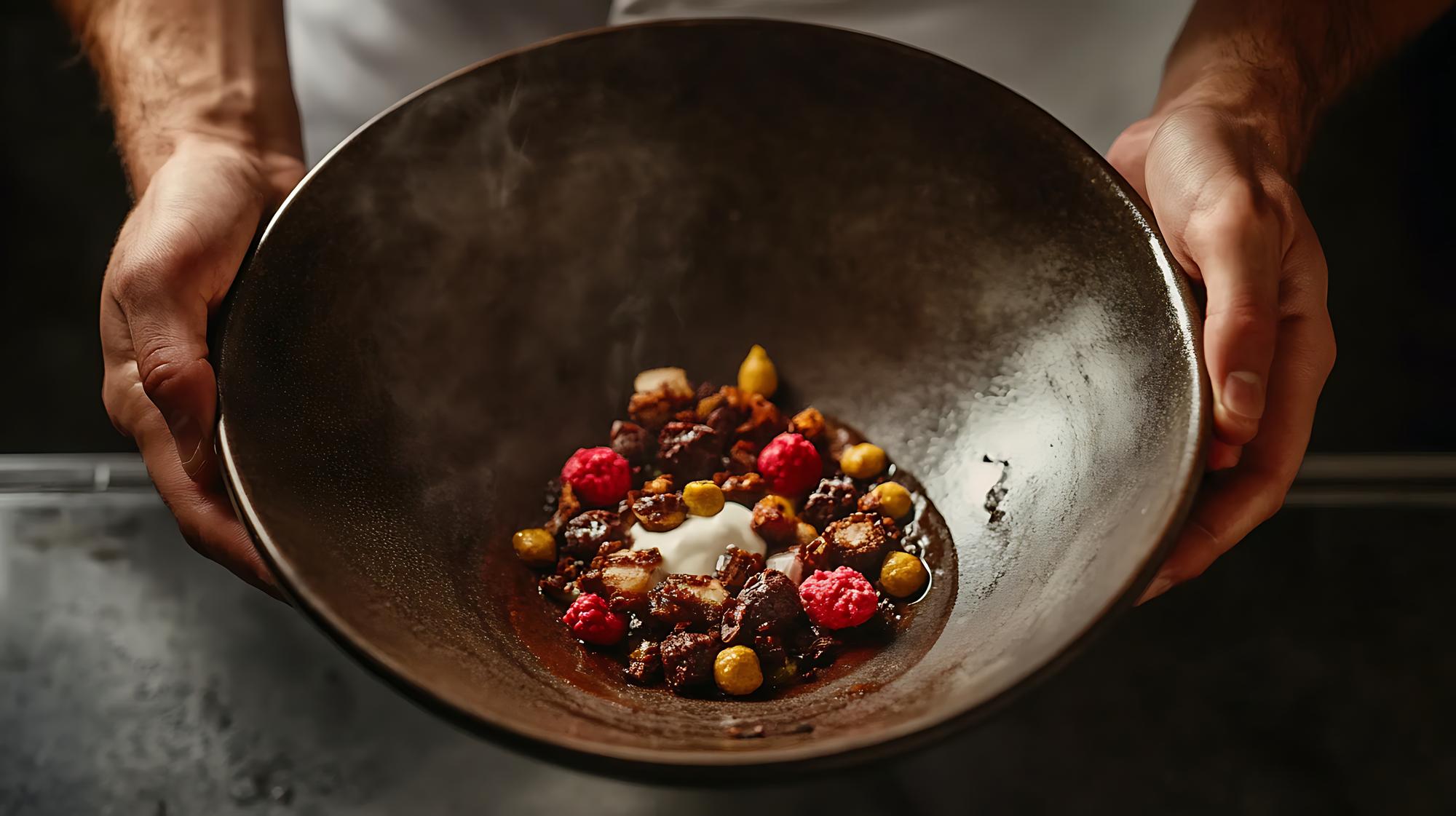 Chef prepares plated dish on wooden board